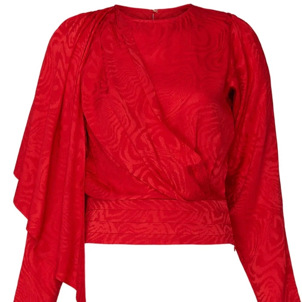 Ronny Kobo Red Silk Blend Jacquard Draped Top Small